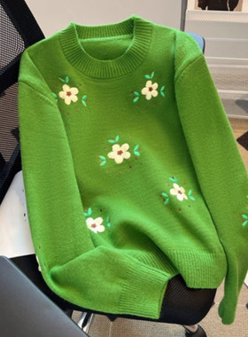 复古法式绿色刺绣圆领毛衣女秋冬设计感宽松慵懒风针织打底衫上衣