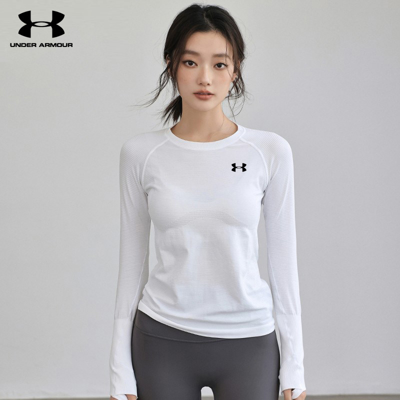 安德玛运动T恤女瑜伽普拉提训练服修身显瘦长袖弹力打底健身上衣