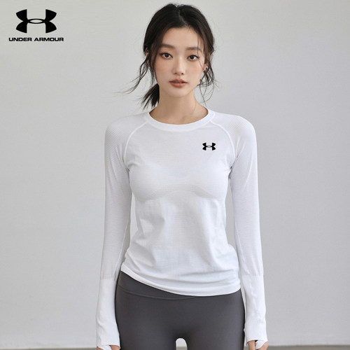 安德玛运动T恤女瑜伽普拉提训练服修身显瘦长袖弹力打底健身上衣
