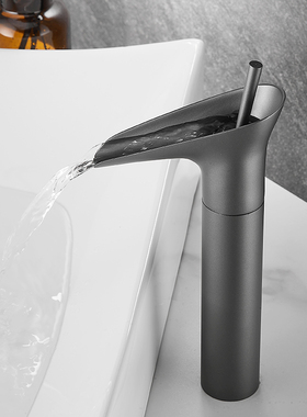 全铜灰色瀑布冷热水龙头台上盆卫生间洗脸面盆洗手池户外室外加高