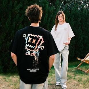 小恶魔笑脸海绵卡通印花重磅短袖t恤男女款潮牌宽松情侣装半袖