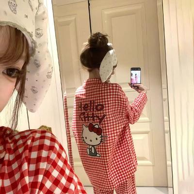 hellokitty睡衣女春秋季2025新款冰丝长袖大尺码家居服带胸垫薄套