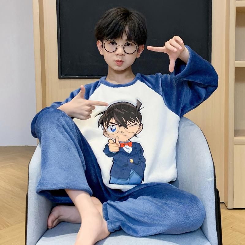 儿童睡衣春秋冬天薄绒保暖柯南卡通法兰绒男孩子珊瑚绒家居服套装