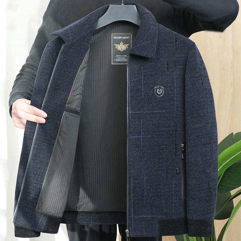 爸爸春秋款中年男士雪尼尔毛呢夹克开衫中老年人外套爷爷装上衣服图片