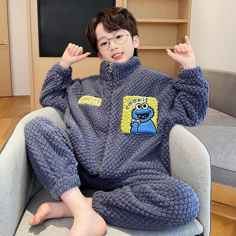 2025新款儿童睡衣男童秋冬季珊瑚绒加厚法兰绒男孩大童冬款家居服