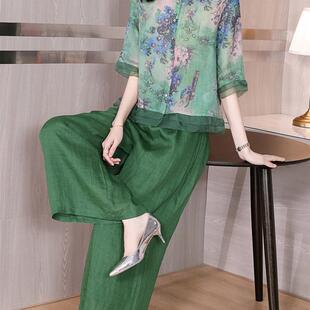 妈妈夏装 棉麻搭配一整套女2025新款 亚麻上衣女装 高端苎麻两件套装
