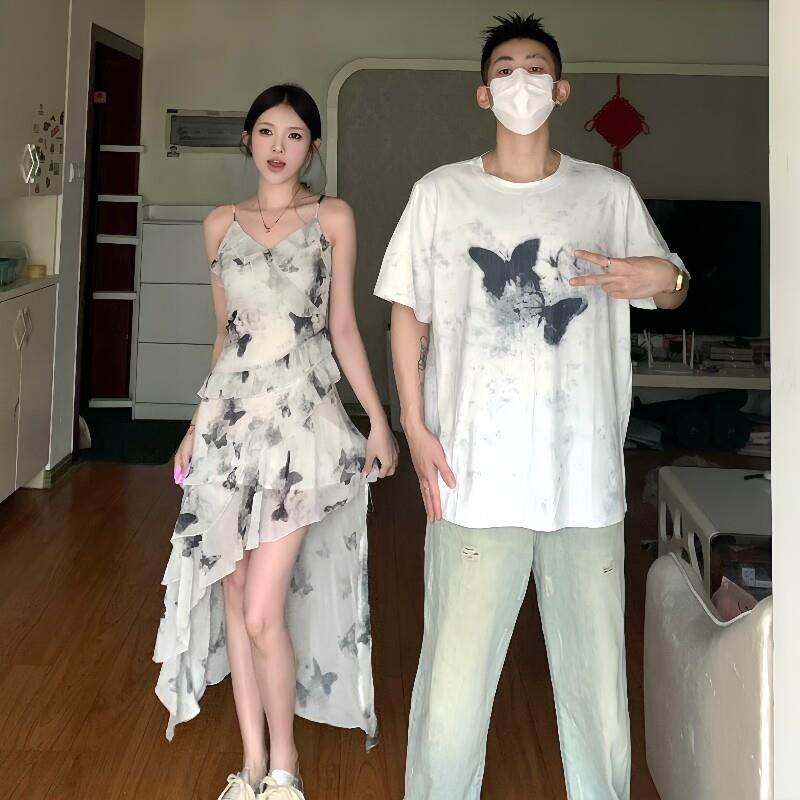 小众设计感情侣装夏季2025韩版短袖T恤女连衣裙法式一裙一衣ins潮