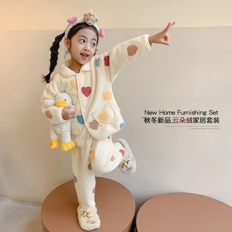 女童睡衣秋冬款加绒加厚珊瑚绒女孩宝宝法兰绒儿童冬款家居服套装
