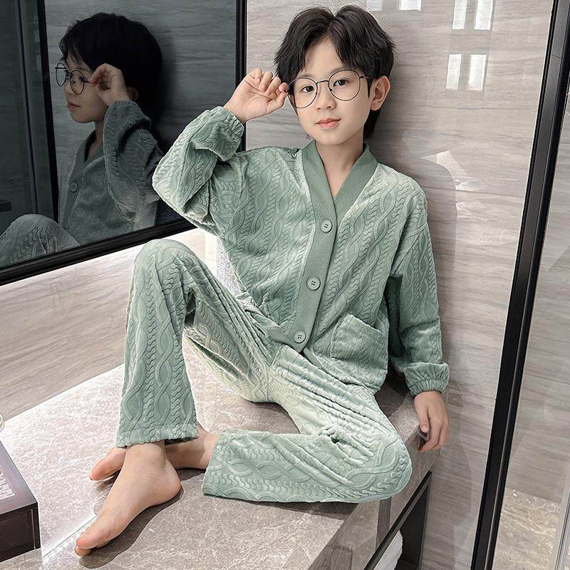 男童睡衣春秋款2025新款中大童珊瑚绒男孩春装儿童长袖家居服套装