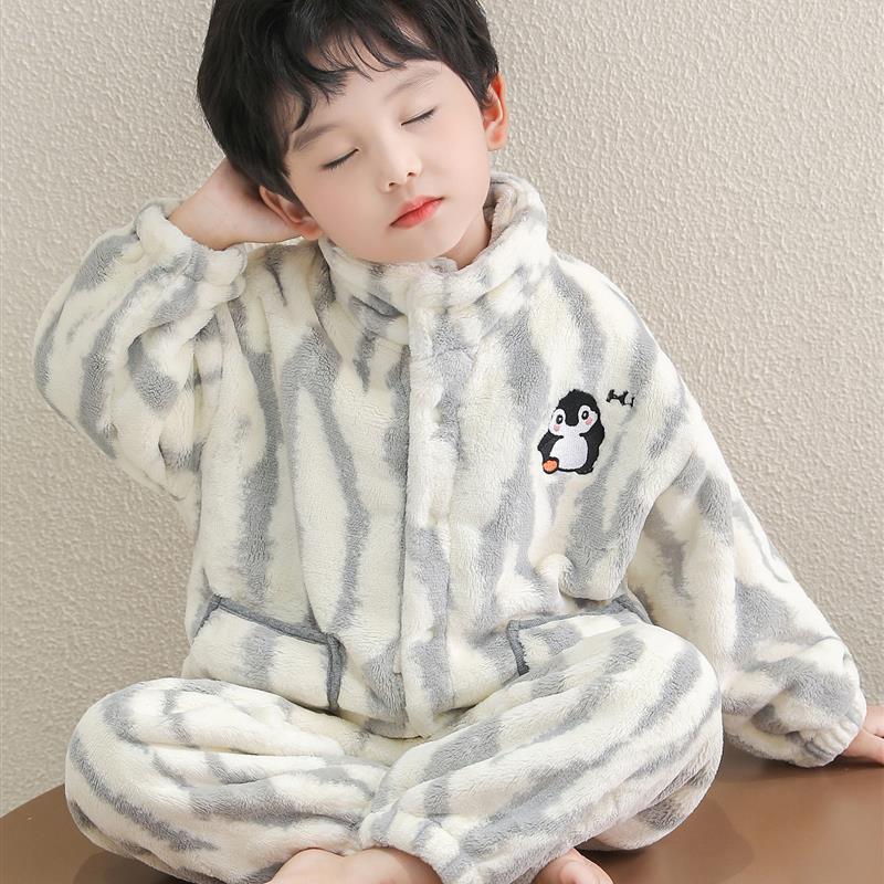 男童睡衣儿童秋冬珊瑚绒男宝宝立领开衫套装男孩法兰绒冬季家居服