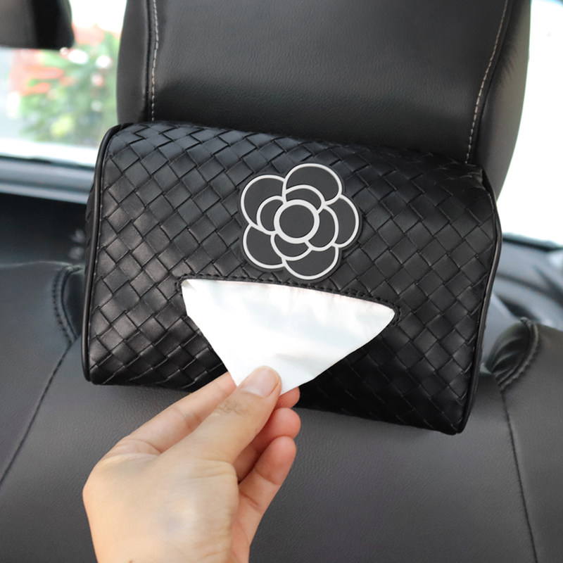 创意车载纸巾盒山茶花汽车网红轻奢座椅背挂编织纹皮革挂式纸巾包