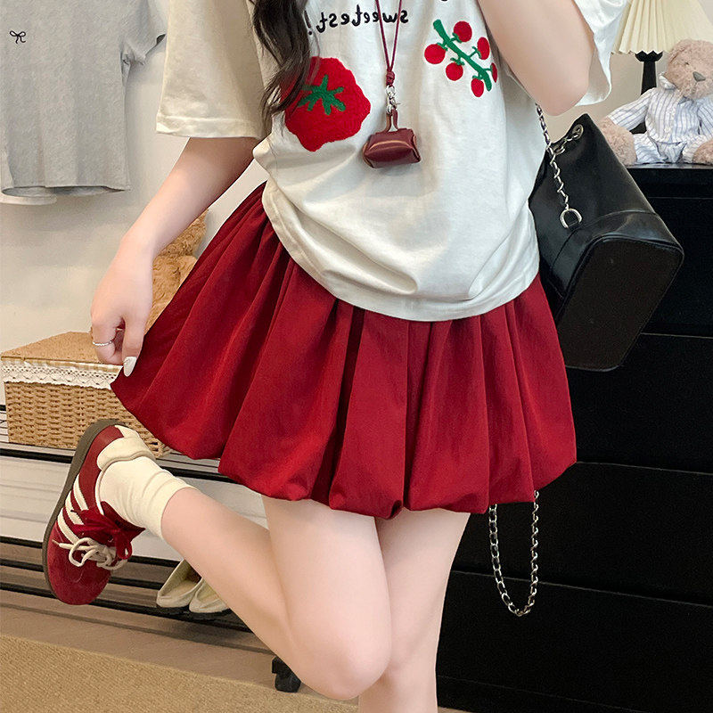红色蓬蓬花苞裙裤女夏季高腰a字显瘦半身短裙小个子防走光蛋糕裙