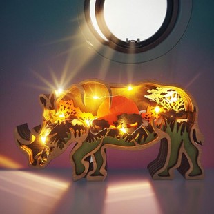 北美森林动物犀牛家居装饰木质桌面摆件工艺品创意狼图腾木制雕刻