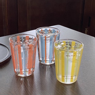 MOKOSHOME单层高硼硅玻璃咖啡杯350ml大容量条纹印花耐高温直饮杯