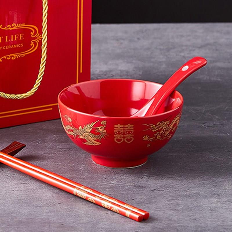 婚庆用品龙凤喜碗结婚碗筷套装陶瓷红色面碗汤碗夫妻敬茶对碗对杯