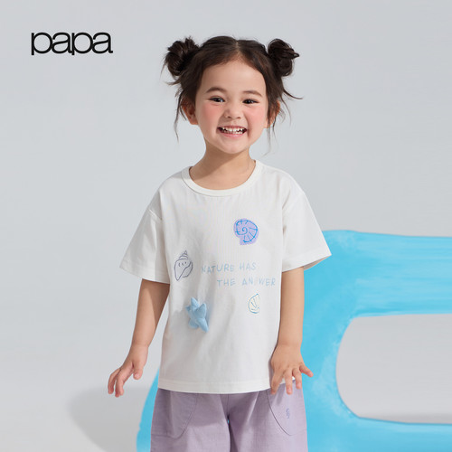 【新品】papa爬爬夏季儿童T恤男女童胜利棉短袖宽松透气休闲百搭
