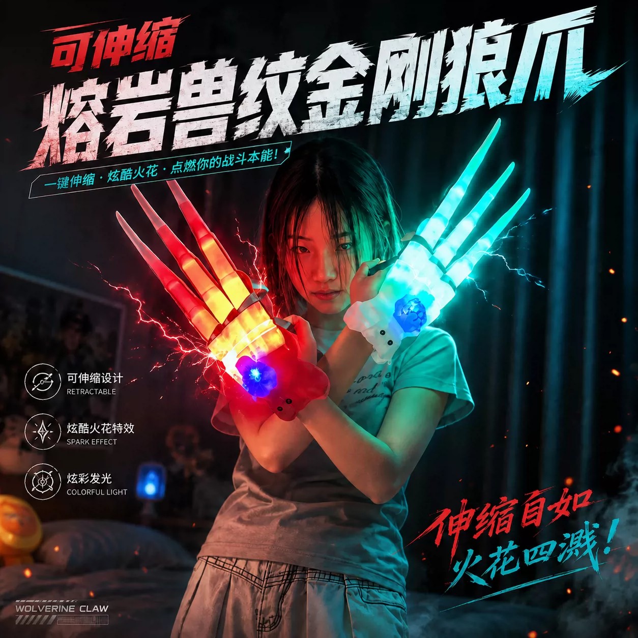 可伸缩火花金刚狼爪炫酷兽纹发光音效利爪玩具儿童激光剑爪刀礼物