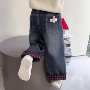 女童直筒牛仔裤春秋冬装女孩宽松加绒阔腿裤宝宝加厚牛仔裤子韩版