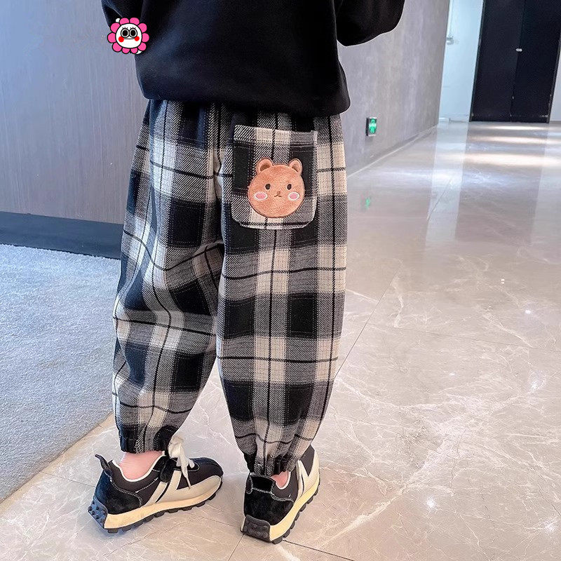 女童休闲格子裤秋装2025新款女宝宝束脚卫裤秋款中小童卡通长裤