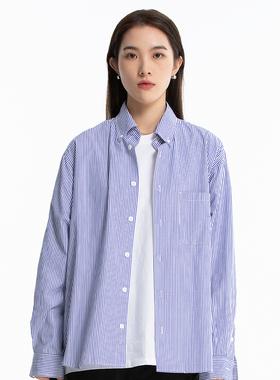 Shounenn原创日系秋冬A字廓形衬衫多口袋设计宽松基础细条纹衬衣