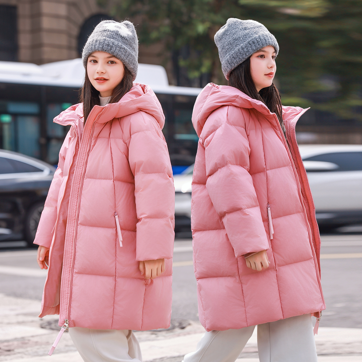 2025新款粉色连帽中长款羽绒服