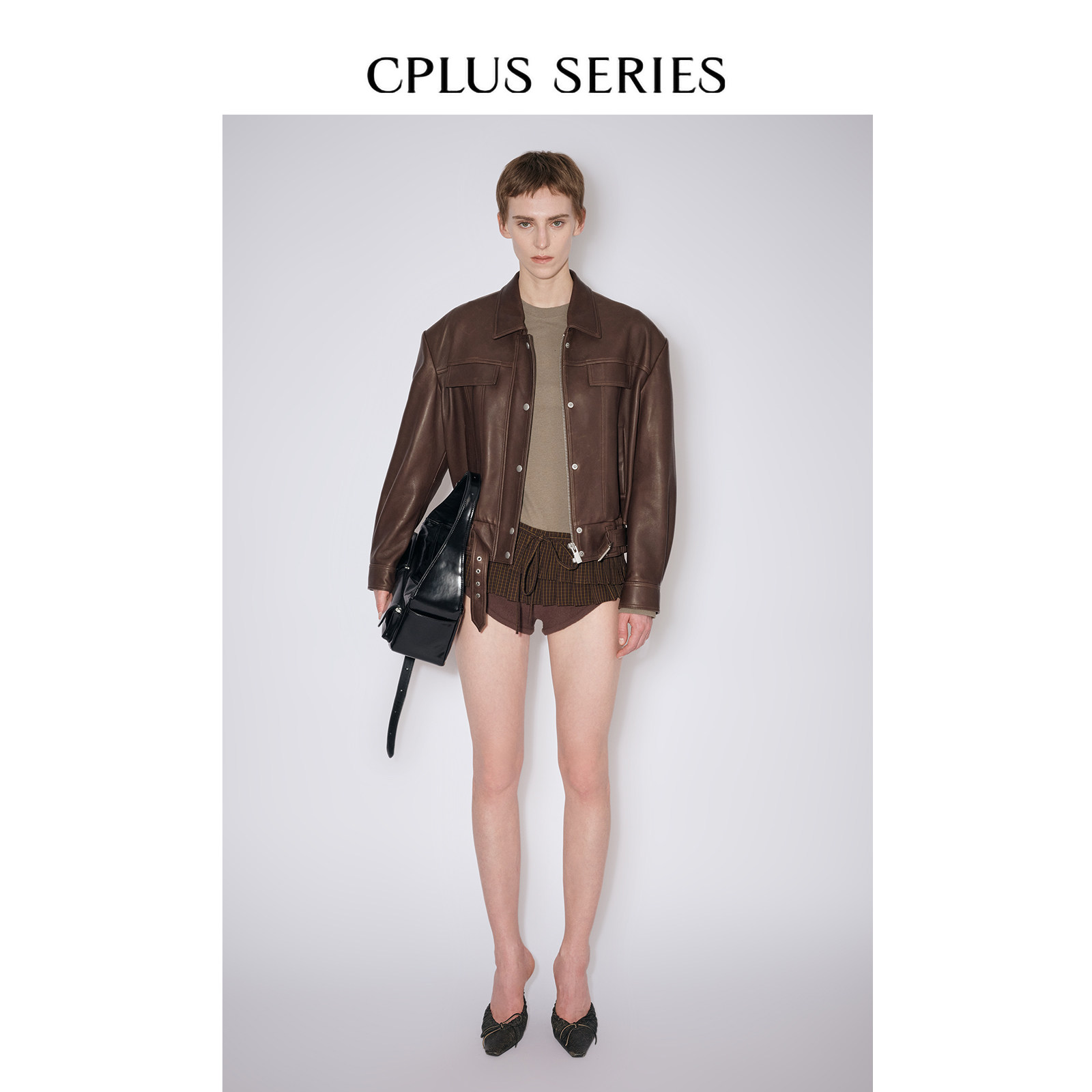 秋冬新品【CPLUS SERIES】拼接格纹百褶不对称上衣