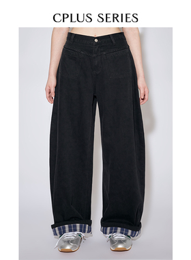 【CPLUS SERIES】格纹翻边弯刀宽版牛仔裤