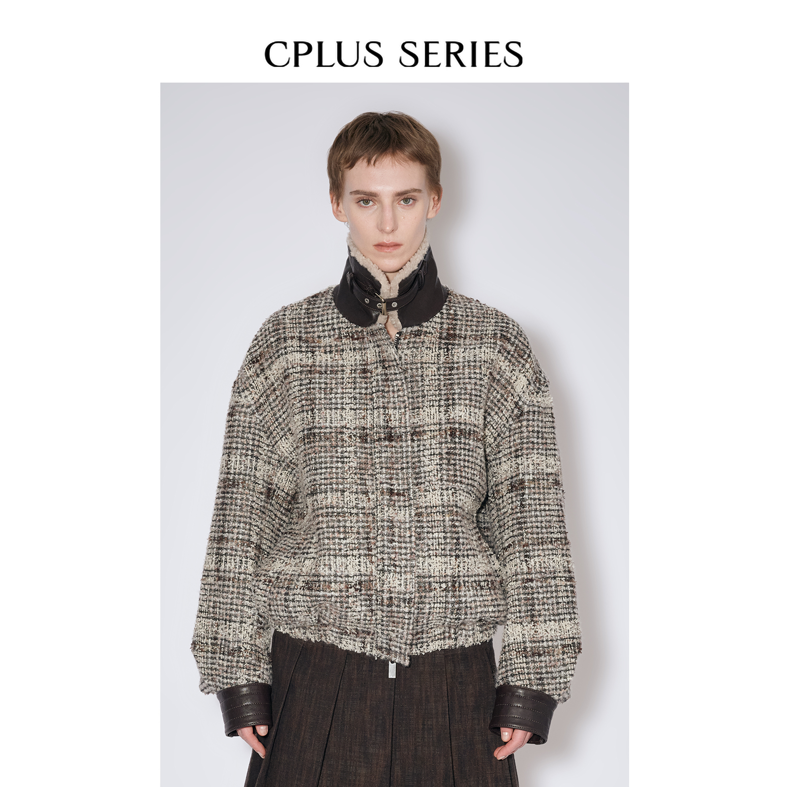 秋冬新品【CPLUS SERIES】拼接粗花呢收腰外套