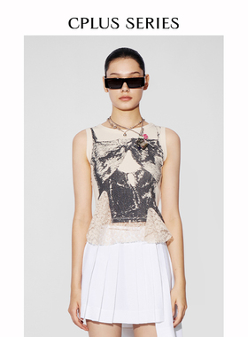 预售[]ivy吕颖博主同款【CPLUS SERIES】印花拼接蕾丝背心