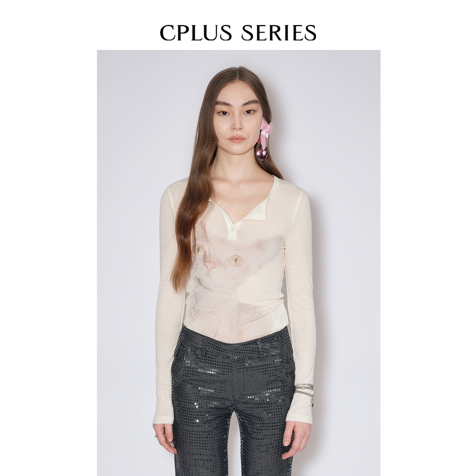 秋冬新品【CPLUS SERIES】猫咪印花亨利领上衣