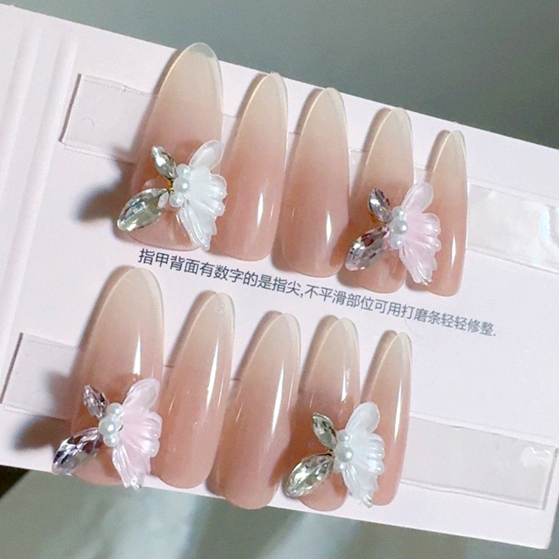 粉白蝶恋猫眼纯手工美甲贴片假指