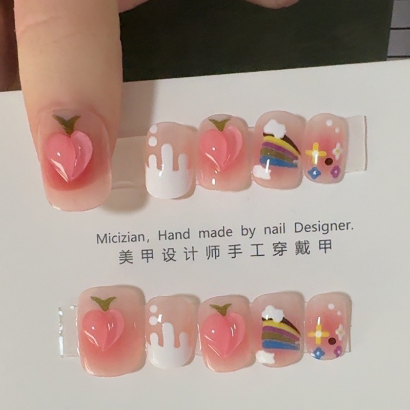 彩虹水蜜桃猫眼手工指甲贴片美甲