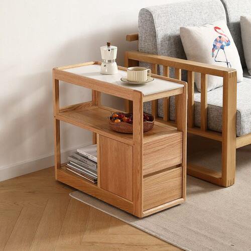 红橡木实木沙发边几客厅茶几日式可移动小推车带轮置物柜角几