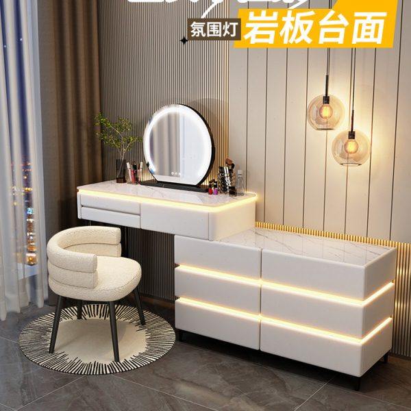 2023带灯岩板实木梳妆台床头柜一体网红伸缩化妆台卧室现代简约