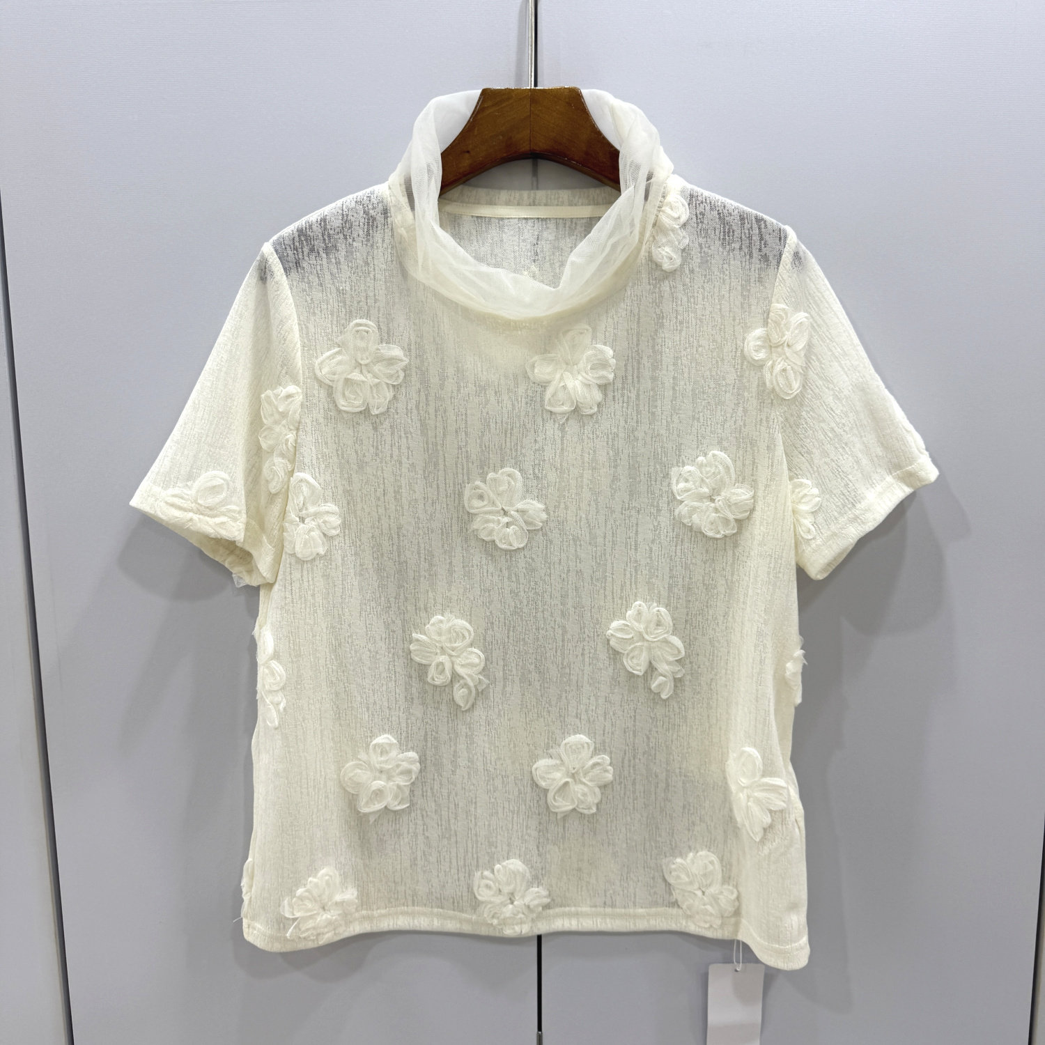 艾妮莉261671欧货立体花朵欧根纱高领短袖上衣宽松透气棉质小衫夏