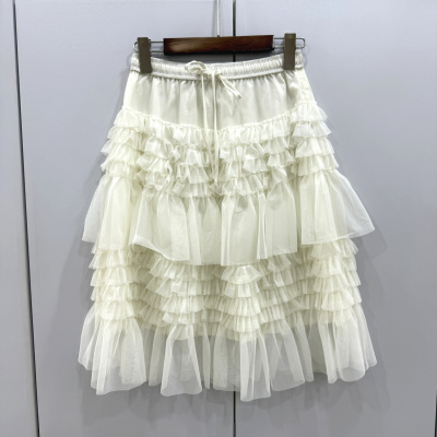 87202欧洲站2026春时尚抽绳松紧高腰网纱木耳边蛋糕中裙半身裙潮