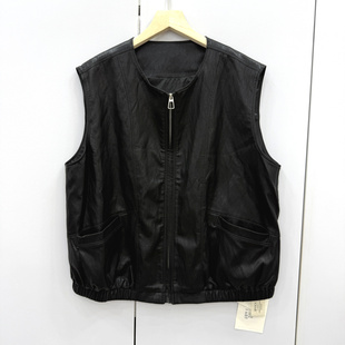 M8051欧洲站2026春时尚圆领拉链下摆松紧百搭显瘦短款PU皮马甲女