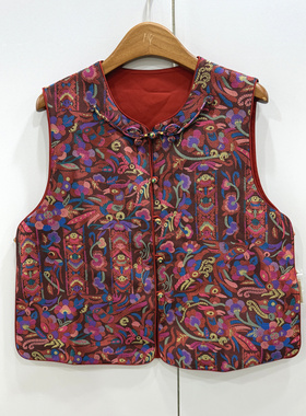 26700欧洲站26春单排盘扣鸡心领复古提花两侧可开扣人丝国风马甲