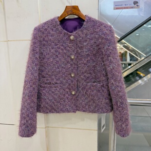 YSYS 36022-1 单排扣圆领彩色羊毛呢小香风短装羽绒服外套欧货冬