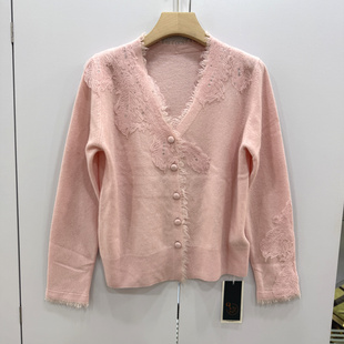 V领蕾丝拼接单排扣宽松显瘦羊毛针织开衫 297 56626欧洲站25秋时尚