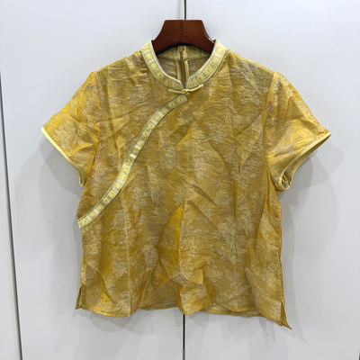 8670 欧洲站26夏斜门禁重工刺绣花盘扣立领复古提花人丝国风衬衫