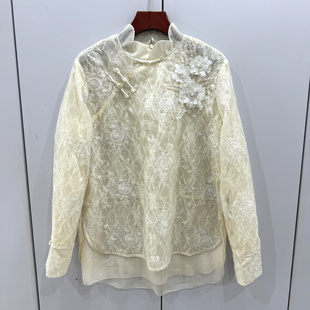26635欧洲站26春斜门禁盘扣花瓣立领订花朵蕾丝刺绣花欧根纱衬衫
