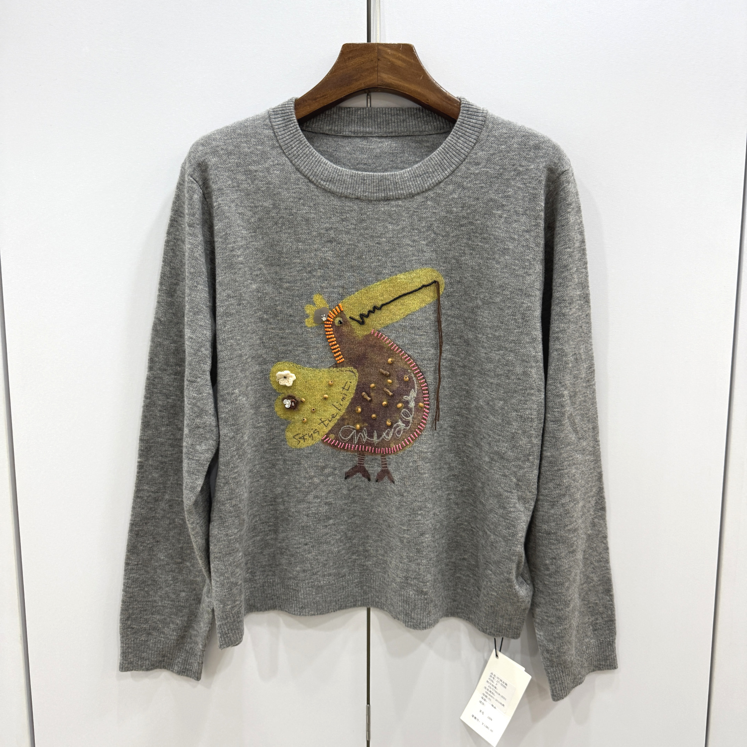 27-5096 欧洲站2025冬钉珠流苏刺绣大嘴鸟卡通休闲减龄圆领羊毛衫