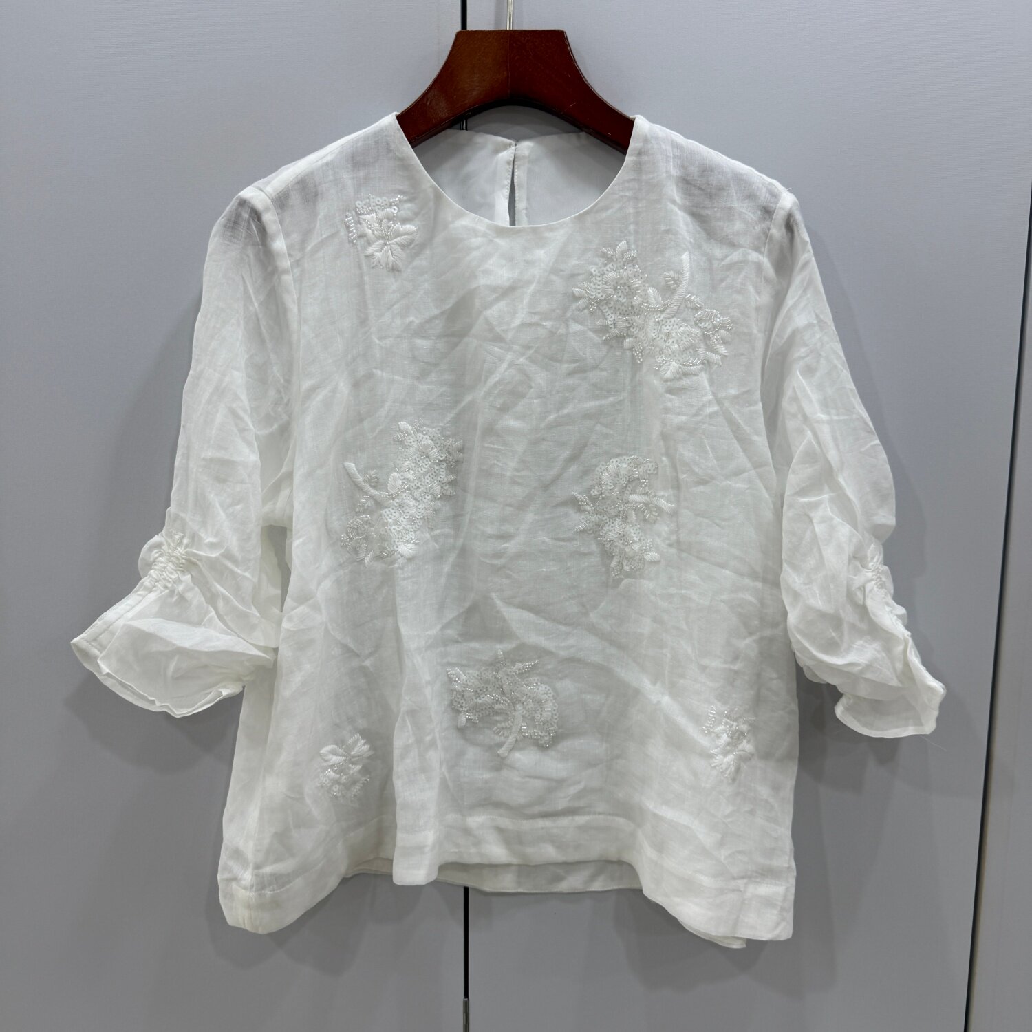 F7393 欧洲站2026夏泡泡七分袖亮片蕾丝刺绣花圆领洋气苎麻衬衫
