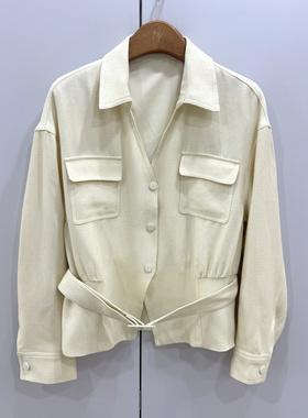 MX26321欧洲站2026春气质翻领胸前双口袋腰带收腰亮丝百搭短外套