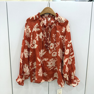 韵芭莎8100欧货复古红印花衬衫 立领系带苎麻气质上衣2026春 灯笼袖