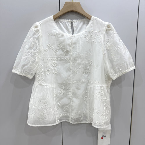 锦绣阁铭店26A50 欧洲站26夏时尚百搭亮片蕾丝刺绣花圆领短袖衬衫