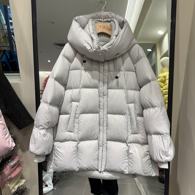 W622欧洲站25冬时尚休闲加厚保暖连帽立领白鸭绒中长款泡芙羽绒服