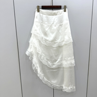 26C9222欧货春气质不规则蕾丝荷叶边后松紧高腰中长半身裙蛋糕裙