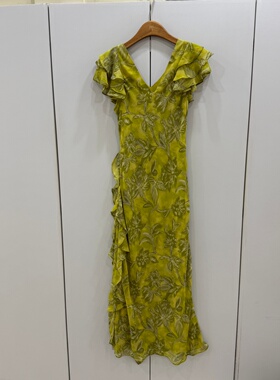 L68996欧货26夏荷叶边设计感前后V领修身花色长款露背雪纺连衣裙